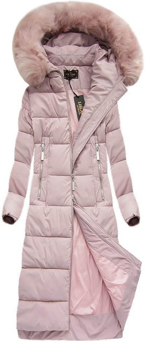 Dlhý dámsky ružový prešívaný zimný kabát