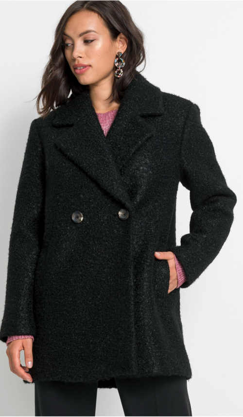 Krátky čierny vlnený zimný kabát