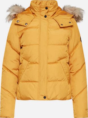 Žltá dámska zimná prešívaná bunda s kožušinkou na kapucni