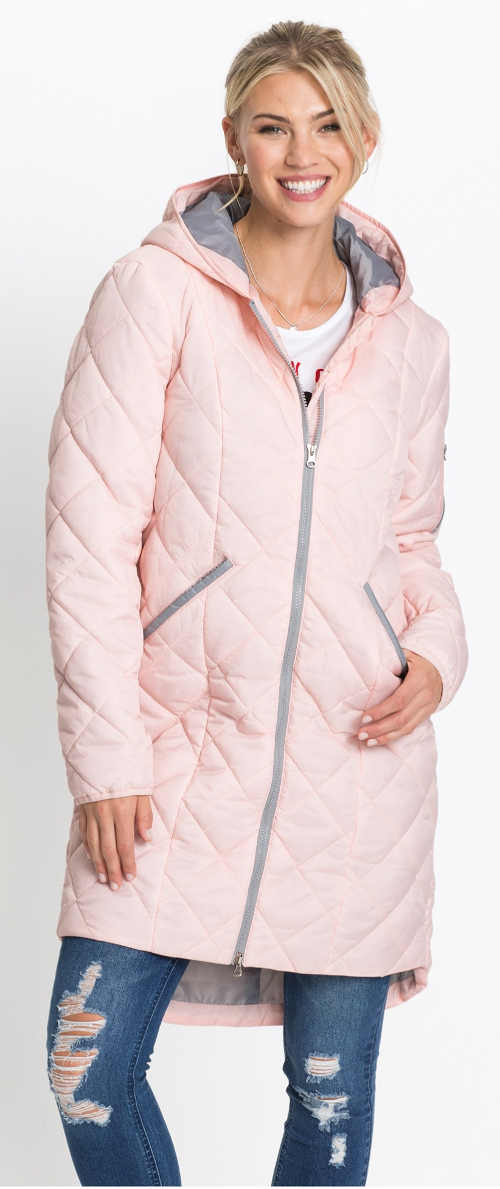 Svetlo ružový dlhý prešívaný dámsky zimný kabát