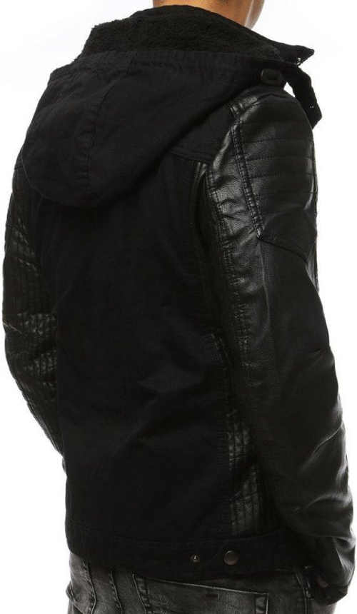 Čierna pánska zimná bunda s koženými rukávmi