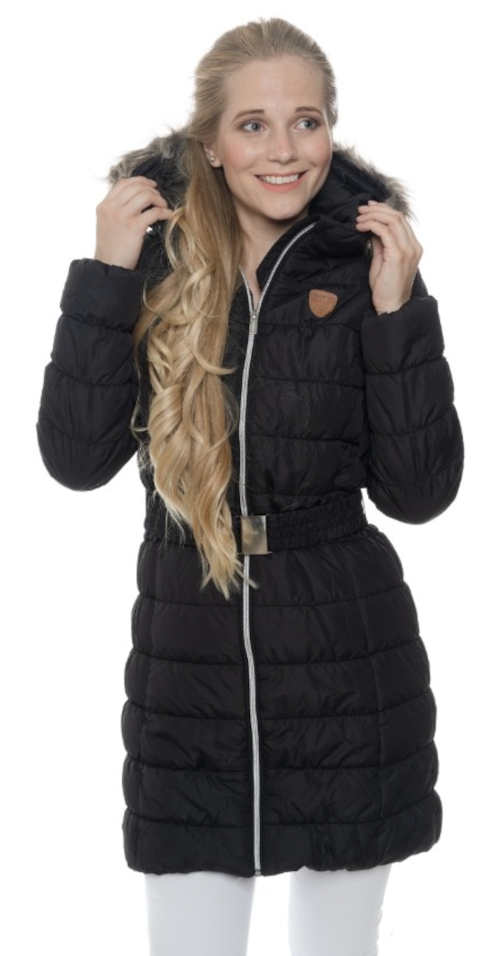 Čierny prešívaný predĺžený dámsky zimný kabát s kapucňou SAM73