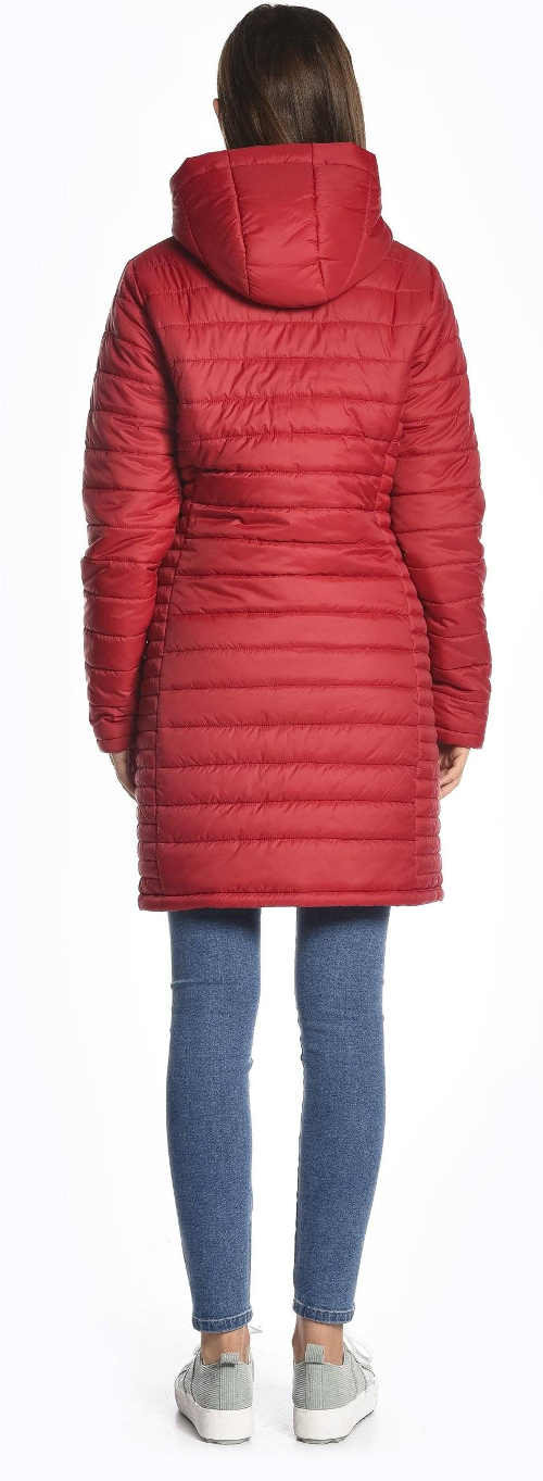 Moderný červený prešívaný dlhý kabát s kapucňou