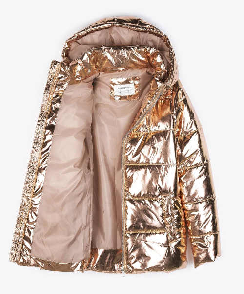 Zlatá dievčenská zimná bunda trblietavý kovový efekt