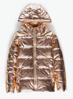 Zlatá metalická dievčenská zimná bunda s kapucňou