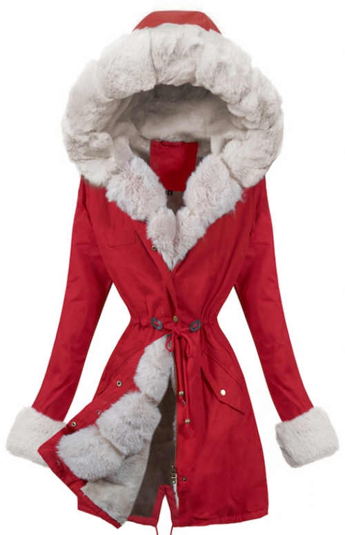 Dlhšia červená dámska zimná bunda so šnúrkou