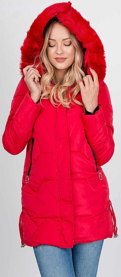Červená dámska zimná bunda XXL so zipsom a patentkami