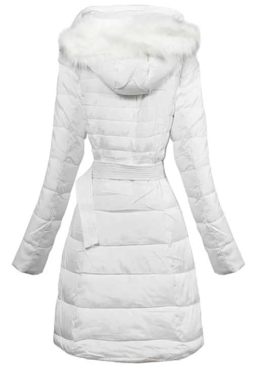 Jednofarebná dlhá biela zimná bunda s opaskom