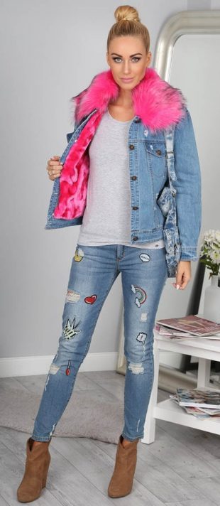 Zimná džínsová bunda s ružovou kožušinou