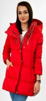 Červená dámska zimná bunda so striebornými zipsami