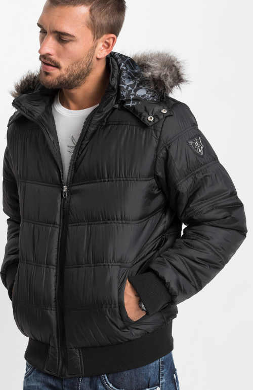 Čierna pánska zimná prešívaná bunda s odnímateľnou kapucňou