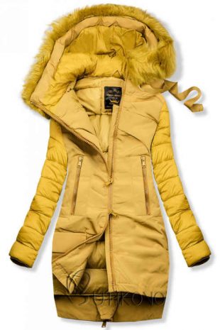 Prešívaná žltá zimná bunda s voľným strihom