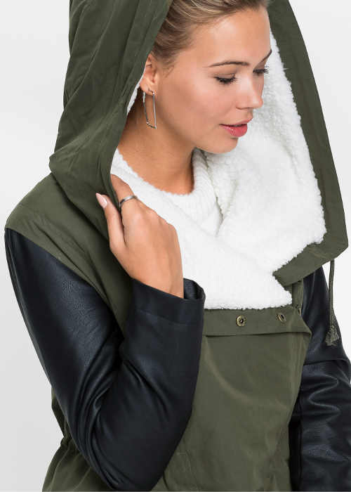 Štýlový zimný zateplený kabát v čiernej a olivovej farbe