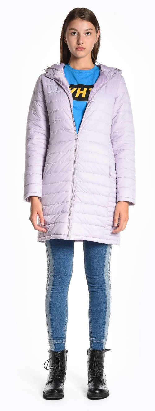 Svetlo fialová predĺžená dámska zimná bunda