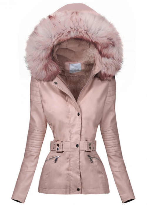 Svetloružová koženková dámska zimná bunda s veľkou kožušinou na kapucni