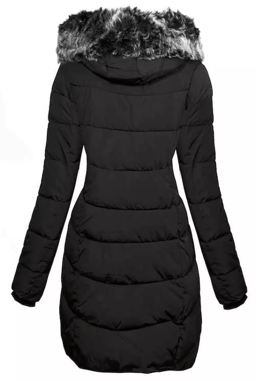 Čierna predĺžená dámska zimná bunda s kožušinou
