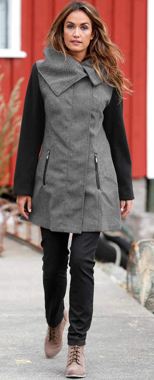 Šedo-čierny dámsky kabát s veľkým golierom