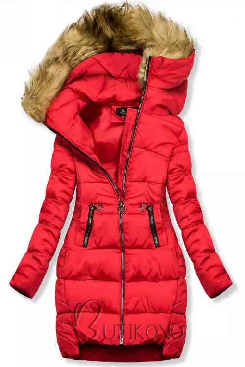 Červená prešívaná dámska zimná bunda s neodnímateľnou kapucňou