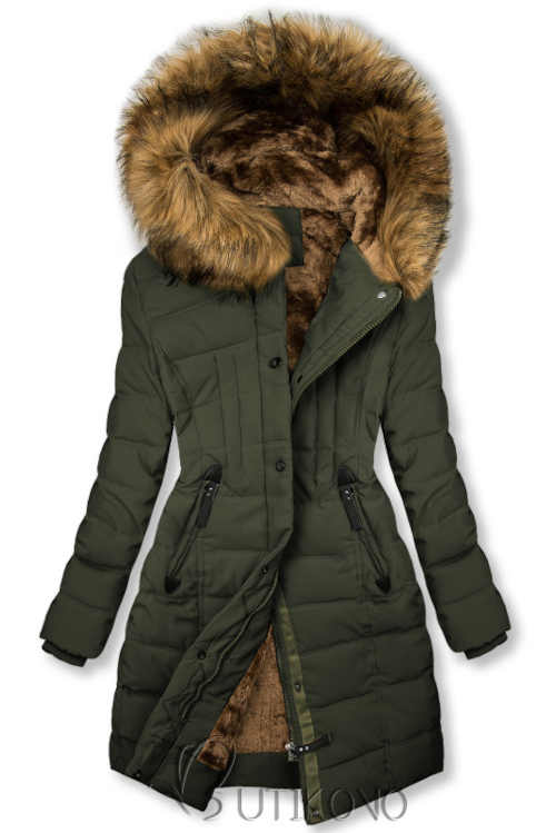 Dámska khaki bunda s teplou podšívkou a kapucňou
