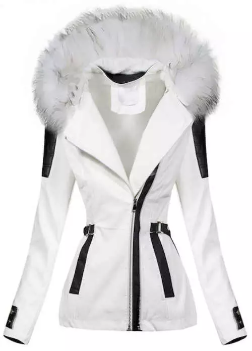 Biela koženková dámska zimná bunda s čiernymi detailmi