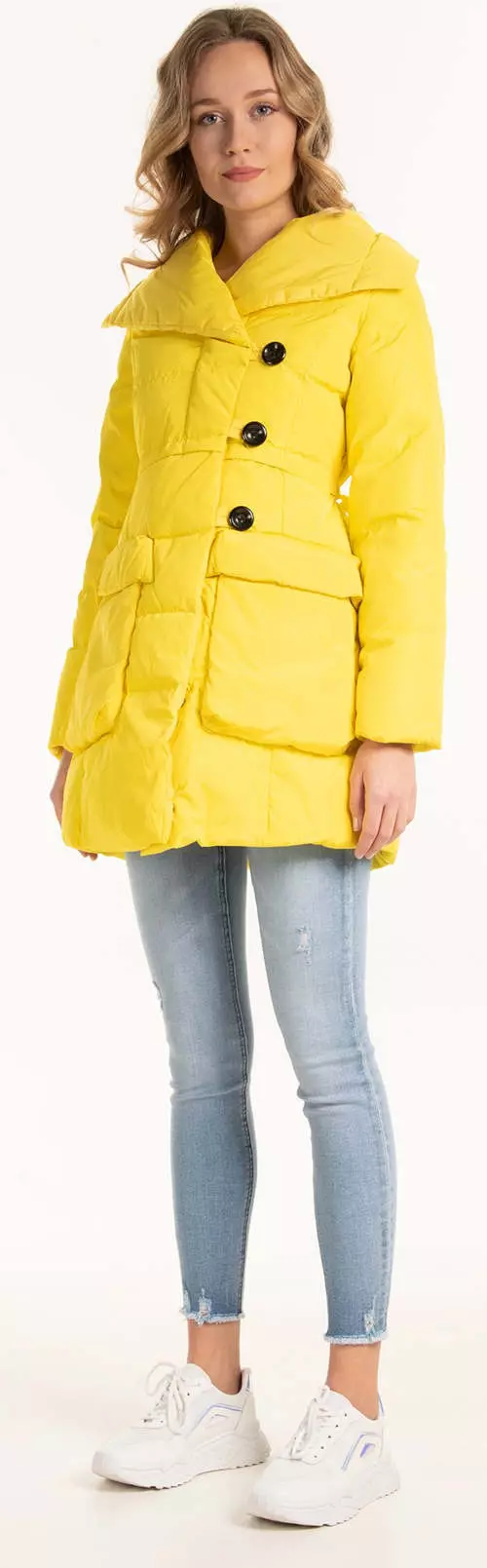 Jednofarebná žltá prešívaná zimná bunda pre ženy-zlta-presivana-zimna-bunda-pre-zeny