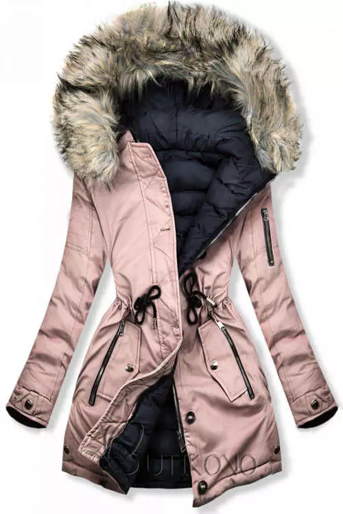 Svetloružová obojstranná zimná bunda so zaväzovaním v páse