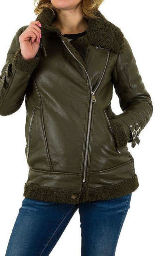 Tmavozelená kožená dámska zimná bunda do pása