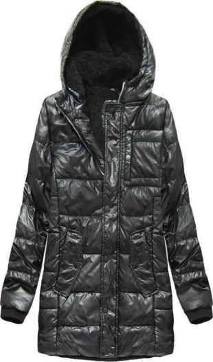 Čierna lesklá pánska zimná bunda s kožušinou