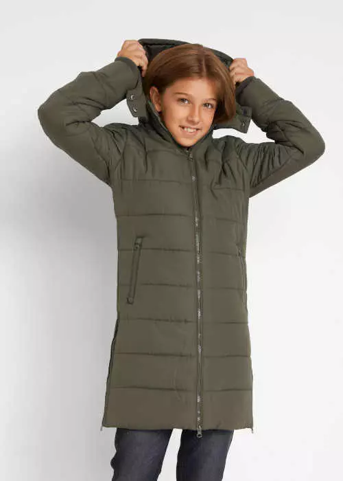 Dievčenský kabát v tmavej olivovej farbe