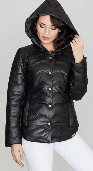 Lacná čierna dámska zimná bunda s vlneným prešívaním