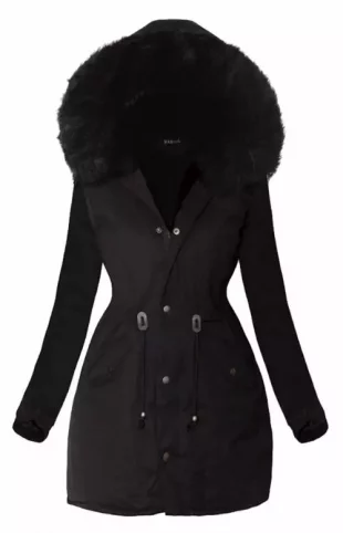 Dlhšia čierna zimná bunda s čiernou kožušinou