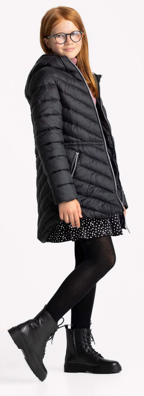 Dievčenská čierna prešívaná zimná bunda s kapucňou