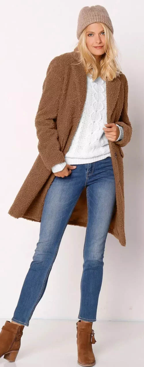 Elegantný hnedý vlnený dámsky zimný kabát