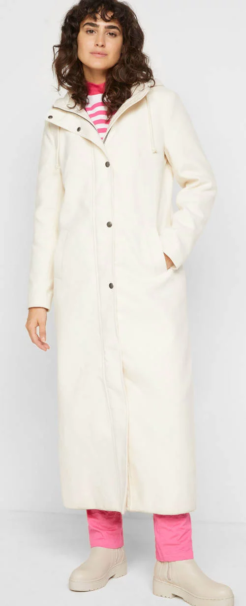 Dlhý dámsky biely vlnený kabát s kapucňou