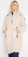 Dlhý teplý béžový prešívaný dámsky zimný kabát s kapucňou