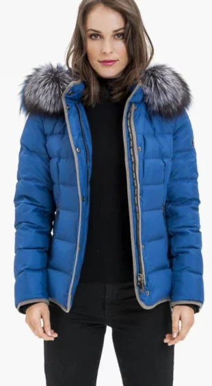 Modrá dámska prešívaná zimná bunda Kara s kapucňou s odnímateľnou kožušinou