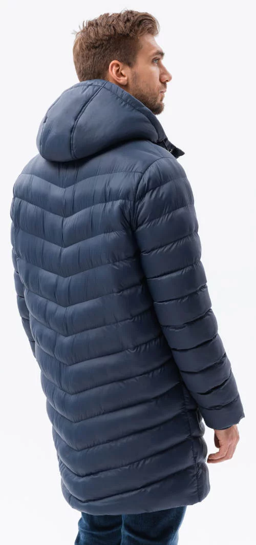 Predĺžená modrá prešívaná pánska zimná bunda s kapucňou