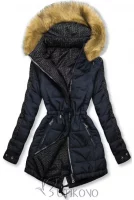 Tmavomodrá lacná obojstranná dámska zimná bunda s kožušinou