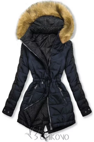 Tmavomodrá lacná obojstranná dámska zimná bunda s kožušinou