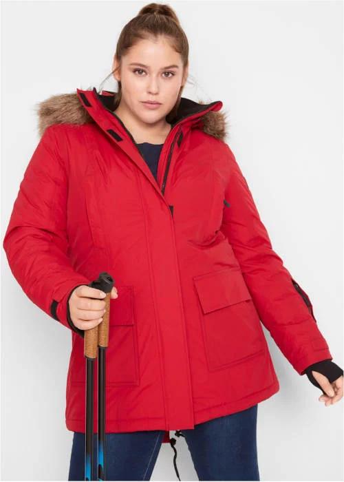 Červená funkčná outdoor zimná bunda pre plnoštíhle na hory s vatovaním a kožúškom