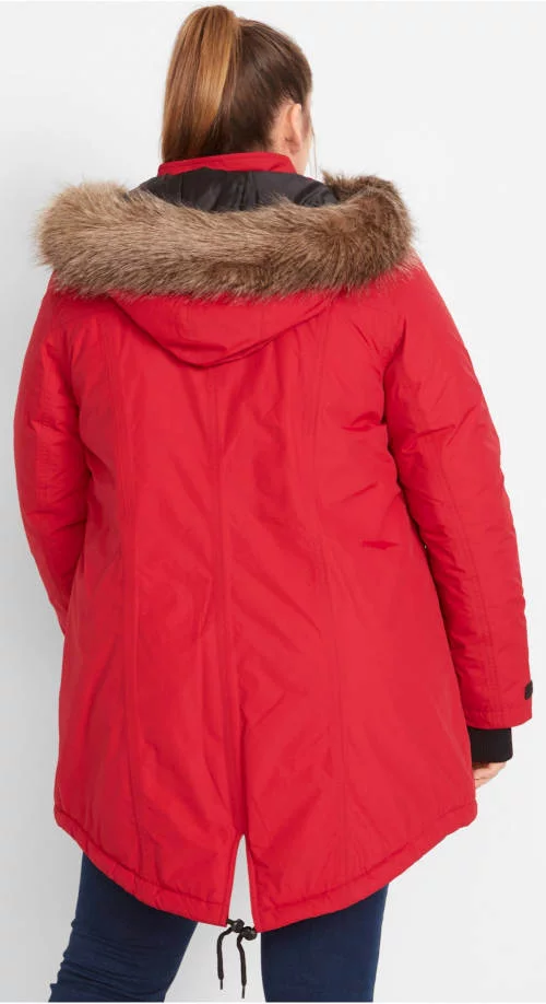 Červená XXL dámska zimná bunda s kapucňou a kožušinou