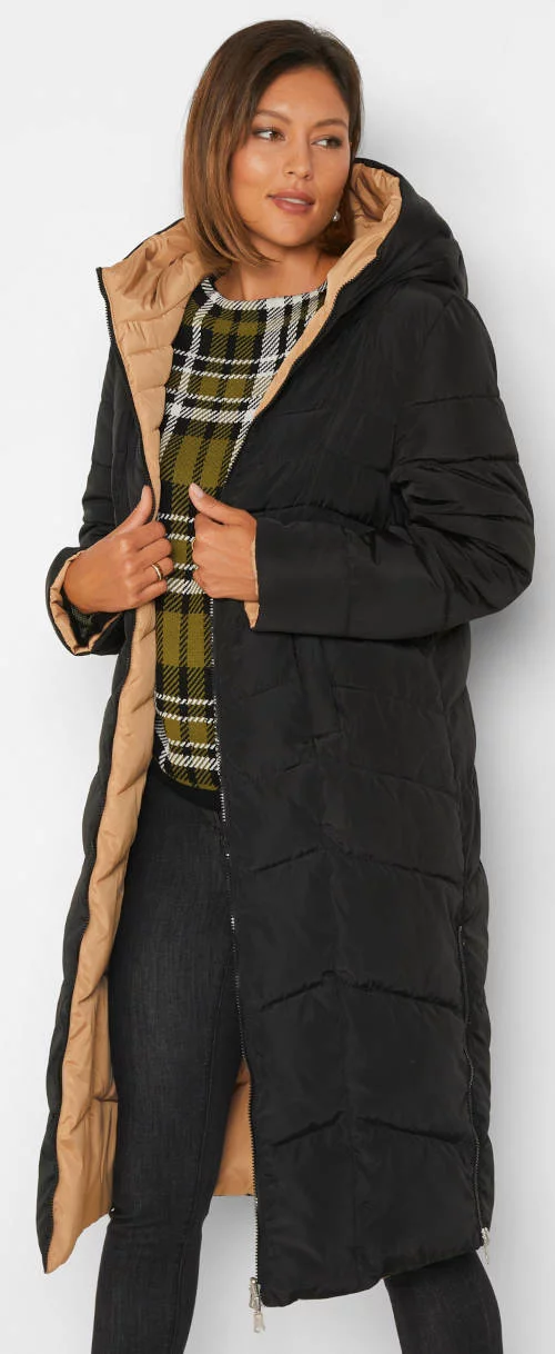 Dlhý prešívaný obojstranný dámsky zimný kabát s veľkou kapucňou