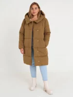 Horčicová prešívaná dlhá zimná bunda pre moletky s praktickou kapucňou