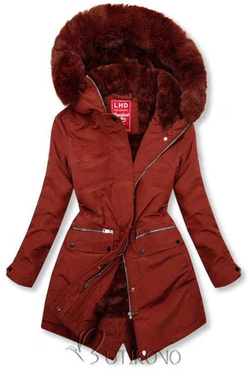 Dámska moderná červená zimná bunda s teplým kožuchom a kapucňou