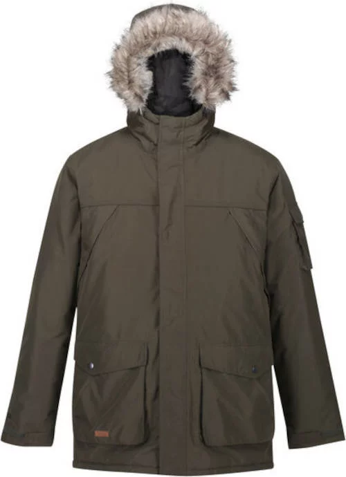 Pánska khaki zimná bunda s kapucňou a kožušinou