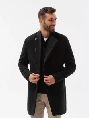 Pánsky čierny vlnený kabát Ombre v klasickom strihu